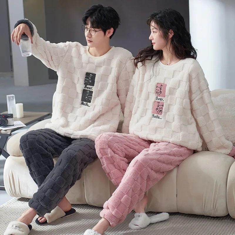 Thickened Warm Winter Couples Flannel Pajamas for Men and Women Cartoon Bear Sleepwear Loungewear Ladies Nightwear Homewear