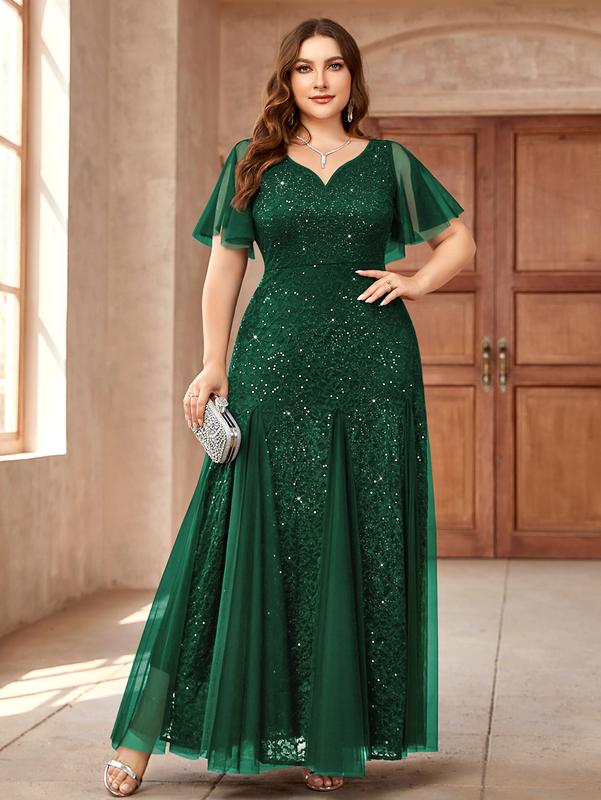 MISSMAY Women's Plus Size Sweetheart V Neck Sequins Lace Tulle Mermaid Hemline Formal Wear Festival Evening Party Maxi Dress YP24234