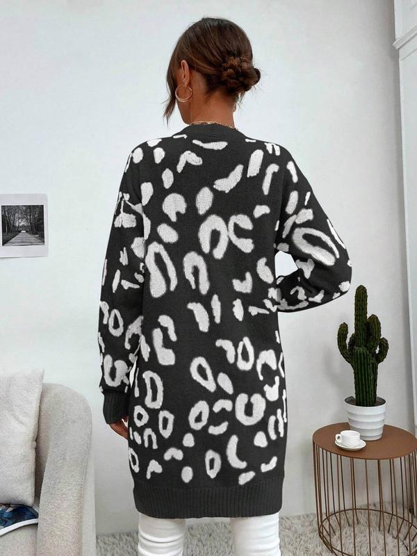 Women's Leopard Print Pocket Cardigan, Casual Drop Shoulder Long Sleeve Open Front Cardigan for Fall & Winter, Fashion Women's Knit Clothing for Daily Wear