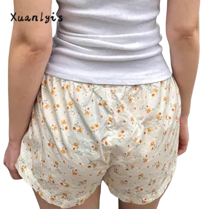 Women's Lounge Shorts Casual Loose Fitting Elastic Waist Floral Short Pants for Summer Lady Womenswear Bottom Plaid