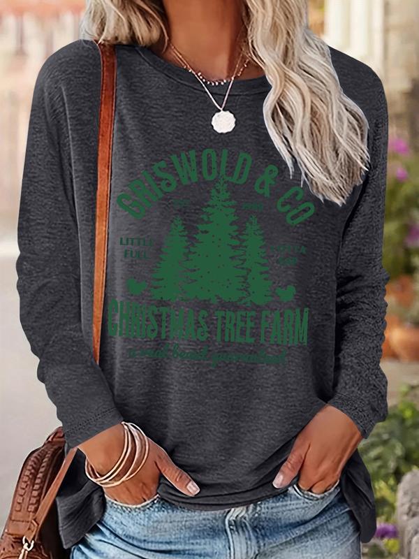 Women's Christmas Tree & Letter Print Round Neck Sweatshirt, Casual Long Sleeve Crew Neck Pullover for Fall & Winter, Women's Clothes for Daily Wear