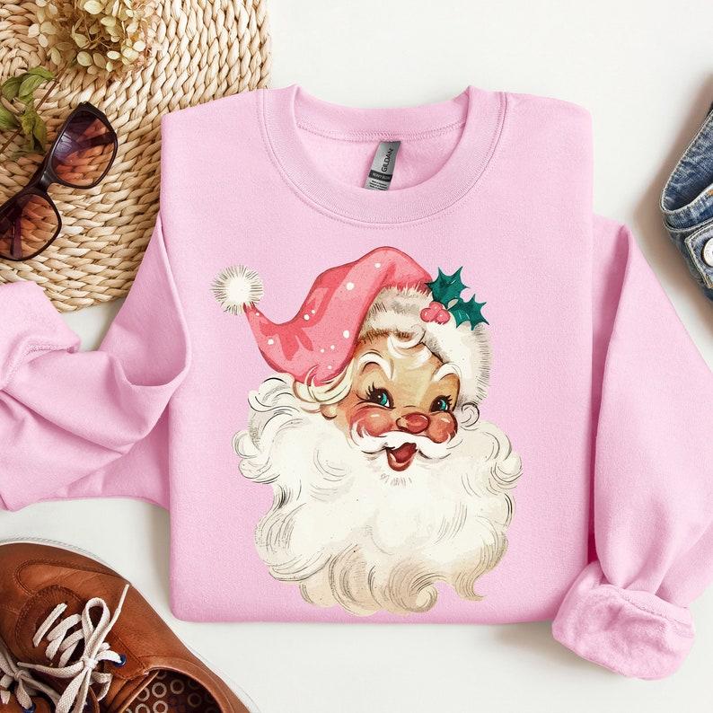 Pink Santa Retro Christmas Sweatshirts, Pink Santa Sweatshirt, Pink Christmas Matching Family Sweaters, Pink Holiday Crewneck Group Party, For Women