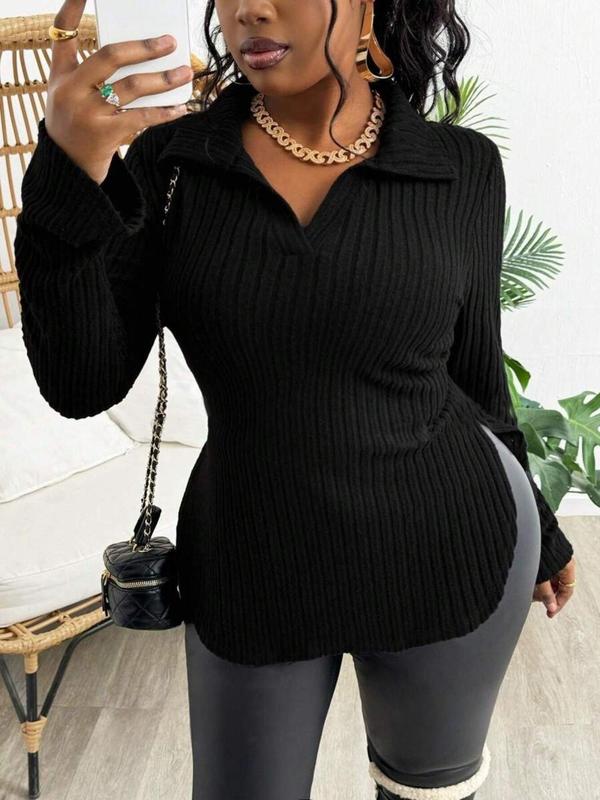  Solid Curved Hem Ribbed Collared Tee, Casual Long Sleeve V Neck T-shirt for Fall & Winter, Women's Clothing for Daily Wear