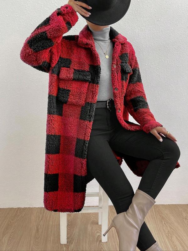 Women's Plaid Print Button Front Long Fleece Jacket, Casual Drop Shoulder Long Sleeve Pocket Outerwear for Fall & Winter, Women's Clothing for Daily Wear, Winter Clothes Women