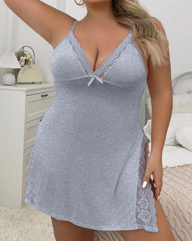 [Plus Size] Chicme Bowknot Decor Lace Patch Slit Sleep Dress lacetrim  sleep Sheer Lace Split Thigh Nightdress Plus Size Women's V-Neck Satin Chemise Teddy Lace Chemise lingerie sexy