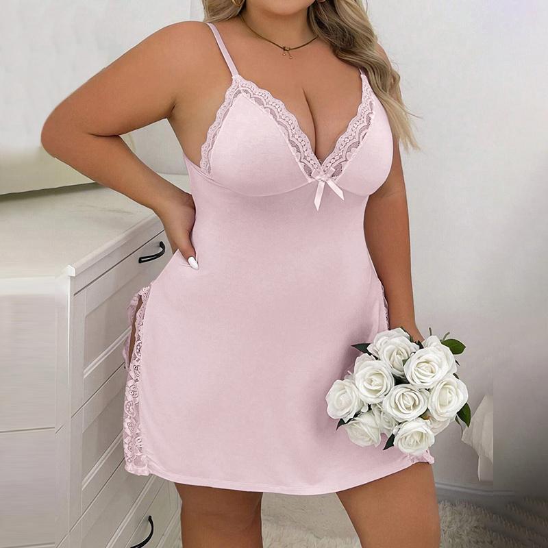 [Plus Size] Chicme Bowknot Decor Lace Patch Slit Sleep Dress lacetrim  sleep Sheer Lace Split Thigh Nightdress Plus Size Women's V-Neck Satin Chemise Teddy Lace Chemise lingerie sexy