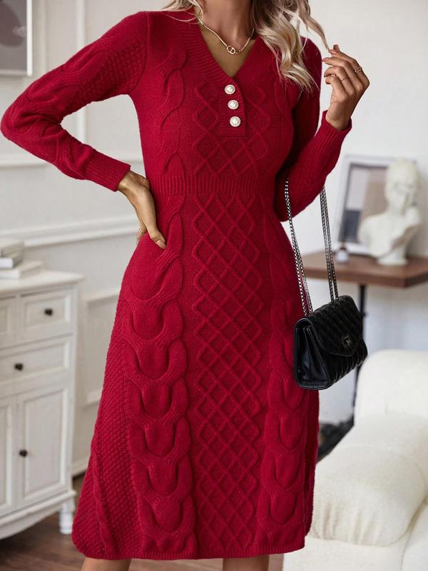 Women's Textured Faux Pearl Decor Cable Knit Sweater Dress, Elegant Long Sleeve V Neck Midi Knit Dress for Fall & Winter,  Dresses for Women, Women's Knitwear for Daily Wear, Fall Clothes