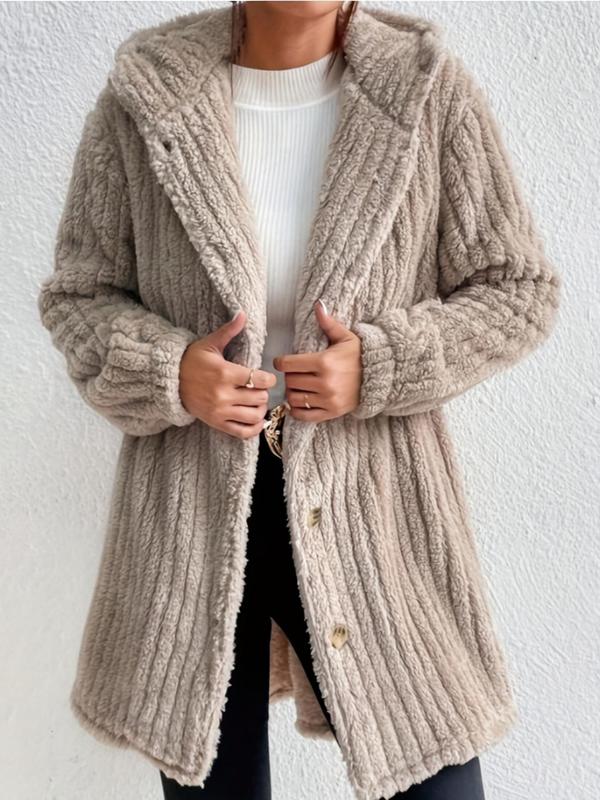 Women's Solid Button Front Hooded Fuzzy Jacket, Casual Long Sleeve Plush Coat for Fall & Winter, Winter Clothes Women, Women's Clothing for Daily Wear