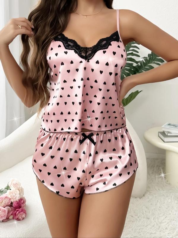 Women's Heart Print Contrast Lace Cami Top & Bow Decor Shorts Pyjama Two-Piece Set, Casual Comfy Spaghetti Strap Camisole & Shorts PJ Set, Ladies Sleepwear for All Seasons