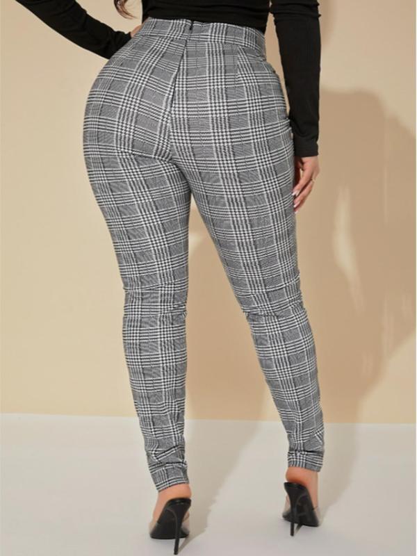 Women's Houndstooth Print Zipper Black Skinny Pants, Casual Comfy Trousers for Daily Wear, Ladies Bottoms for All Seasons