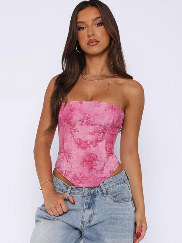 Women's Floral Print Lace Up Backless Tube Top, Elegant Fashion Casual Strapless Top for Daily Outdoor Wear, Ladies Clothes for Summer