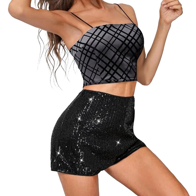 Women's Summer Sequins Shorts Mid Waist Elastic Band Sparkly Straight Leg Shorts Glitter Hot Pants for Party