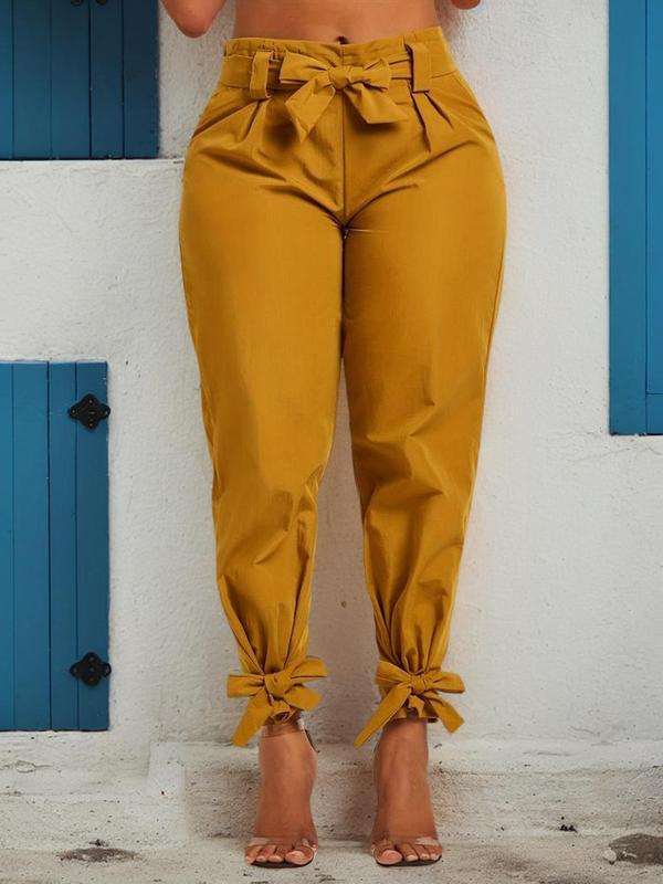  Solid Bow Front Belted Carrot Pants, Elegant Fashion Tapered Trousers, Women's Summer Bottoms for Daily Wear Work Business