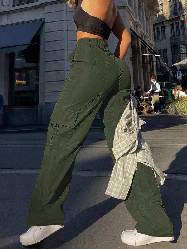 Women's Plain Flap Pocket Button High Waist Cargo Pants, Summer Outfits, Casual Elastic Waist Trousers for Fall & Winter, Clothes for Women, Back To School Outfits, Fall Ladies Bottoms for Daily Wear, Pants for Women, Cargo Pants Women