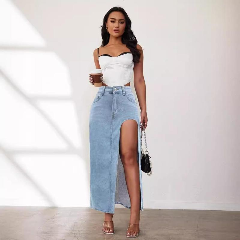 Women's Slit denim skirt for  style washed solid color mid-length skirt Jean Hippie Bottom Womenswear Cargo Maxi Parachute Retro Underwear