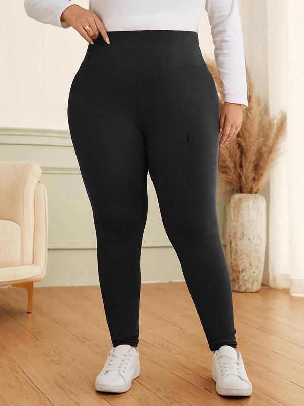 CURVZY Plus Size Solid High Waist Ribbed Leggings, Casual Comfy Skinny Pants for Daily Wear, Women's Bottoms for All Seasons