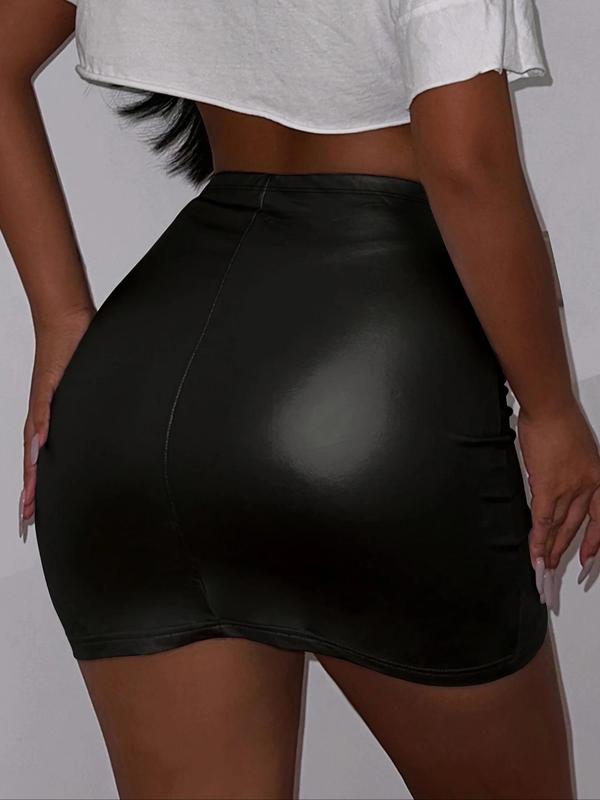 Women's Solid Color PU Leather Skirt, Fashionable Mini Skirt for Party Club Dating, Ladies Bottoms for All Seasons