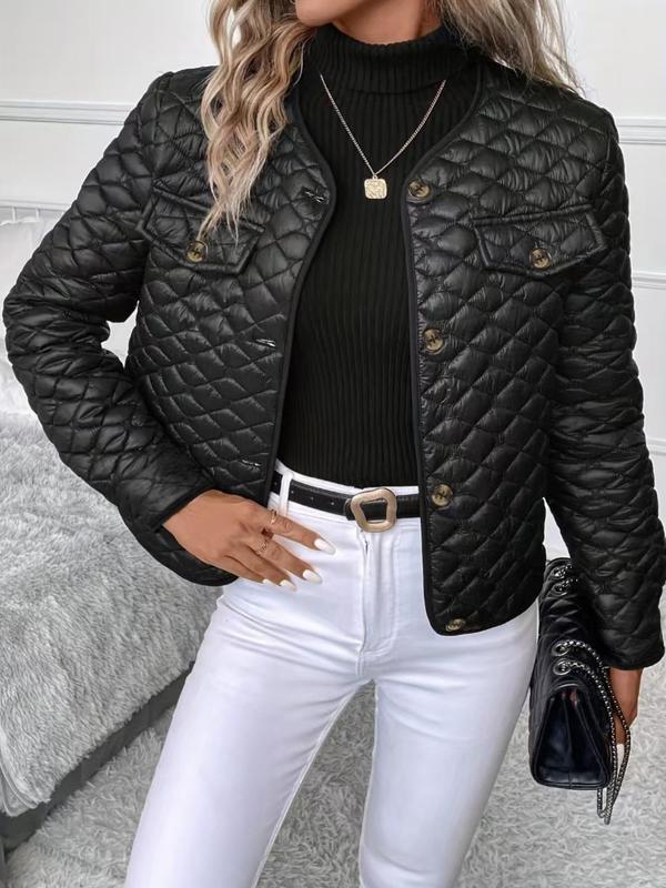 Women's Solid Color Quilted Button Front V Neck Jacket, Casual Long Sleeve Outerwear for Fall & Winter, Ladies Clothes for Daily Wear