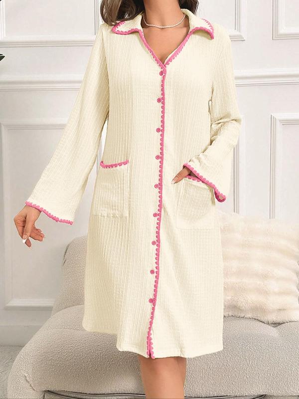 Women's Solid Waffle Knit Contrast Binding Button Front Nightdress, Elegant Long Sleeve Collared Pocket Nightgown, Ladies Sleepwear for Spring & Fall