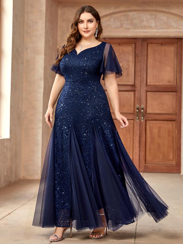 MISSMAY Women's Plus Size Sweetheart V Neck Sequins Lace Tulle Mermaid Hemline Formal Wear Festival Evening Party Maxi Dress YP24234