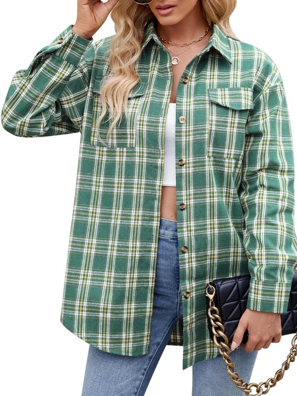 Women's Tartan Print Button Front Pocket Shirt, Casual Drop Shoulder Long Sleeve Going Out Top for Fall & Winter, Women's Clothes for Daily Wear