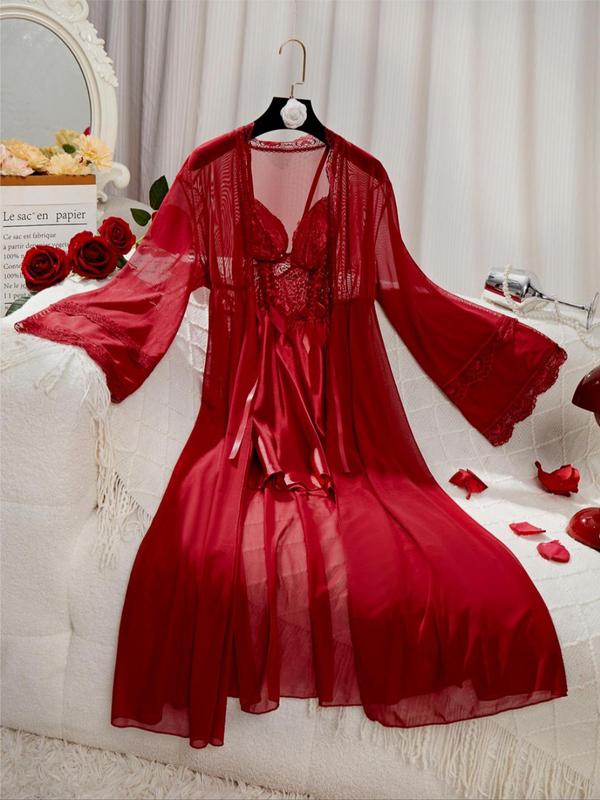 Women's Bow Front Contrast Lace Frill Trim Sheer Cami Nightdress & Open Front Robe Pyjama Two-piece Set, Elegant Comfy Spaghetti Strap Nightgown & Long Sleeve Robe Set,  Pajama Sets Women, Ladies Sleepwear