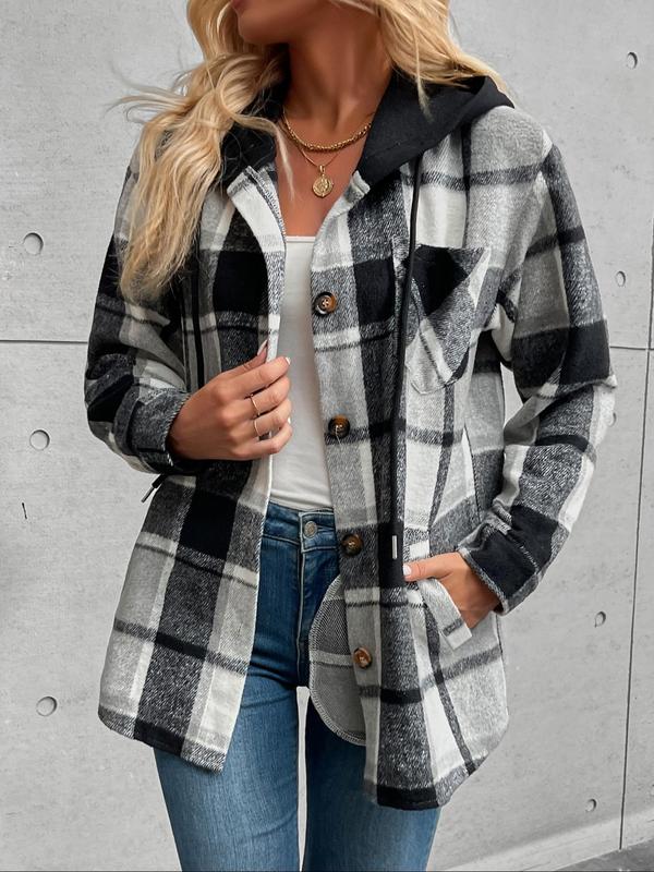 Women's Plaid Print Button Front Drawstring Hooded Coat, Casual Long Sleeve Drop Shoulder Pocket Outerwear for Fall & Winter, Ladies Clothes for Daily Wear