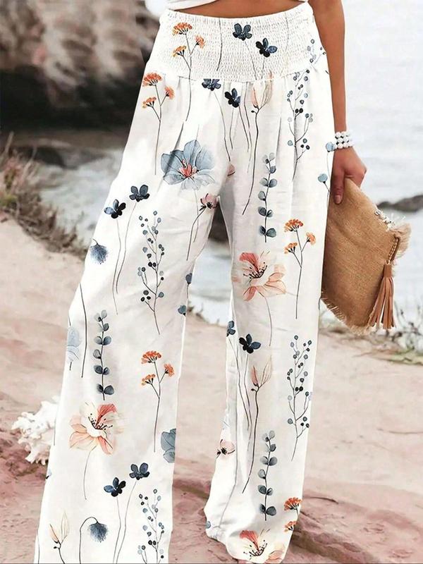 Women's Patchwork Print Elastic Waist Wide Leg Pants, Boho Casual Trousers for Beach Vacation Holiday, Ladies Bottoms for All Seasons, Preppy 80s Clothes