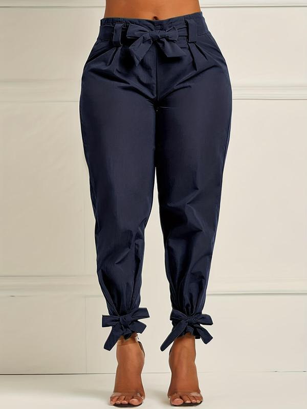  Solid Bow Front Belted Carrot Pants, Elegant Fashion Tapered Trousers, Women's Summer Bottoms for Daily Wear Work Business