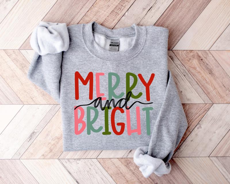 Merry and Bright Sweatshirt, Christmas Sweatshirt, Family Christmas Sweater Cotton Fabic Soft Top Womenswear christmas shirt