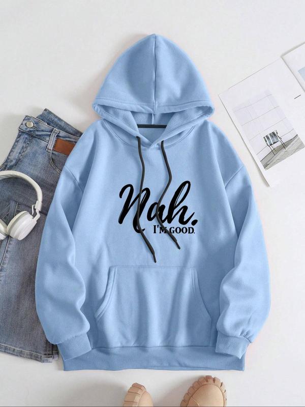 Women's Letter Print Drawstring Pocket Hoodie, Casual Long Sleeve Hooded Sweatshirt for Fall & Winter, Women's Clothes for Daily Wear