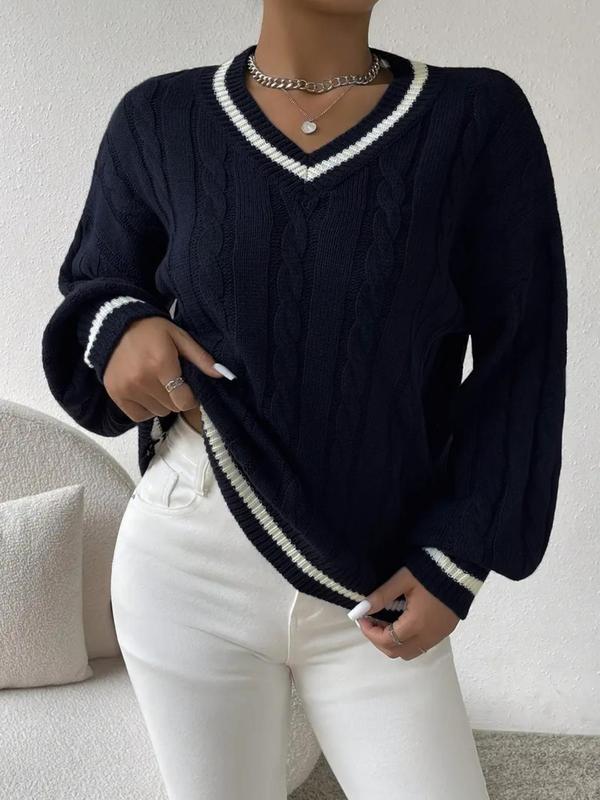 Women's Contrast Binding Drop Shoulder Cable Knit Sweater, Casual Long Sleeve V Neck Jumper for Spring & Fall, Sweaters for Women, Fashion Women's Knitwear for Daily Wear, Fall Outfits 2024, Fall Outfits, Fallfreshness Downtown Girl Clothes