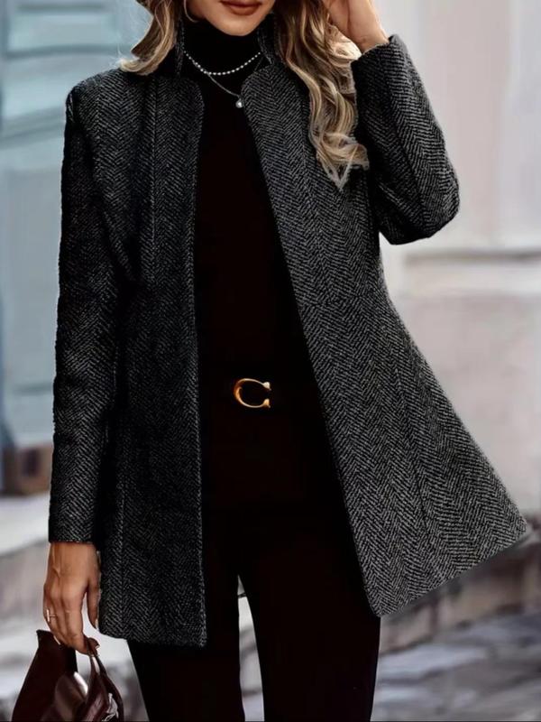 Women's Solid Color Stand Collar Open Front Jacket, Casual Long Sleeve Outerwear for Fall & Winter, Women's Clothing for Daily Wear