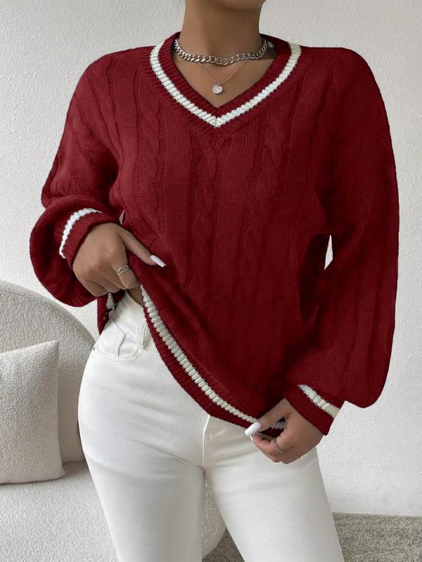 Women's Contrast Binding Drop Shoulder Cable Knit Sweater, Casual Long Sleeve V Neck Jumper for Spring & Fall, Sweaters for Women, Fashion Women's Knitwear for Daily Wear, Fall Outfits 2024, Fall Outfits, Fallfreshness Downtown Girl Clothes