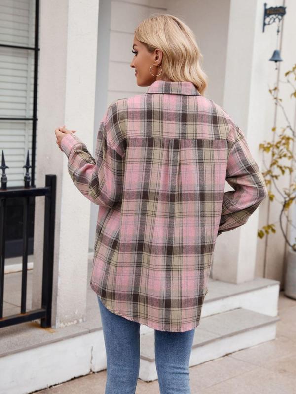 Women's Tartan Print Button Front Pocket Shirt, Casual Drop Shoulder Long Sleeve Going Out Top for Fall & Winter, Women's Clothes for Daily Wear