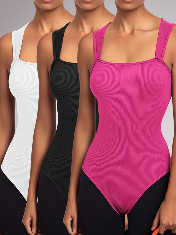 Women's Solid Ribbed Sports Bodysuit, Casual Comfy Breathable Sleeveless Bodysuit for Daily Wear, Ladies Sportswear for Spring & Fall