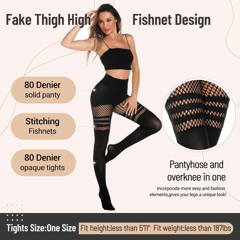 Womens Faux Thigh High Fishnet Stockings Stitching Opaque Pantyhose Mock Over the Knee Goth Striped Suspender Tights