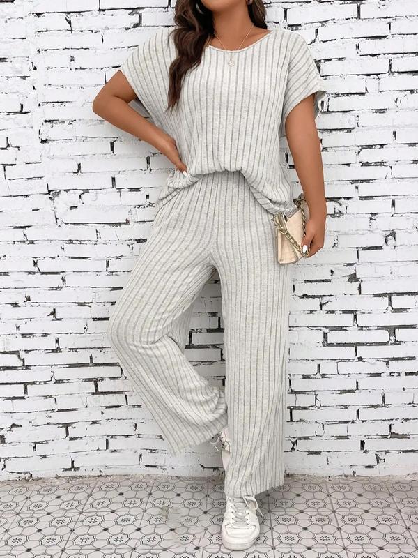 Plus Size Two-Piece Set Solid Ribbed Round Neck Top & Straight Leg Pants Set without Necklace, Short Sleeve T-shirt & Wide Leg Trousers, Plus Size Clothes for Women, Back To School Outfits, Co-ord Set for Women, Summer Outfits 2024