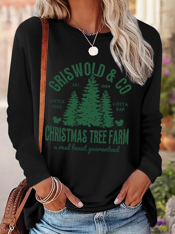 Women's Christmas Tree & Letter Print Round Neck Sweatshirt, Casual Long Sleeve Crew Neck Pullover for Fall & Winter, Women's Clothes for Daily Wear