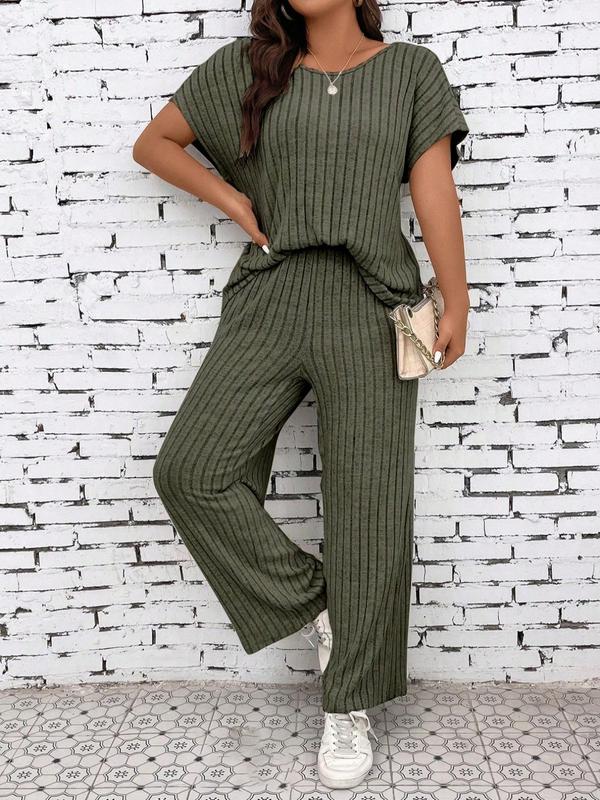 Plus Size Two-Piece Set Solid Ribbed Round Neck Top & Straight Leg Pants Set without Necklace, Short Sleeve T-shirt & Wide Leg Trousers, Plus Size Clothes for Women, Back To School Outfits, Co-ord Set for Women, Summer Outfits 2024