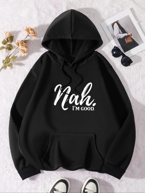 Women's Letter Print Drawstring Pocket Hoodie, Casual Long Sleeve Hooded Sweatshirt for Fall & Winter, Women's Clothes for Daily Wear