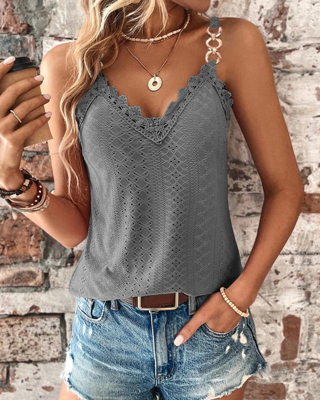 Chicme Chain Decor Eyelet Embroidery Lace Patch tank Top align tank Casual Womenswear Breathable Casual Wear