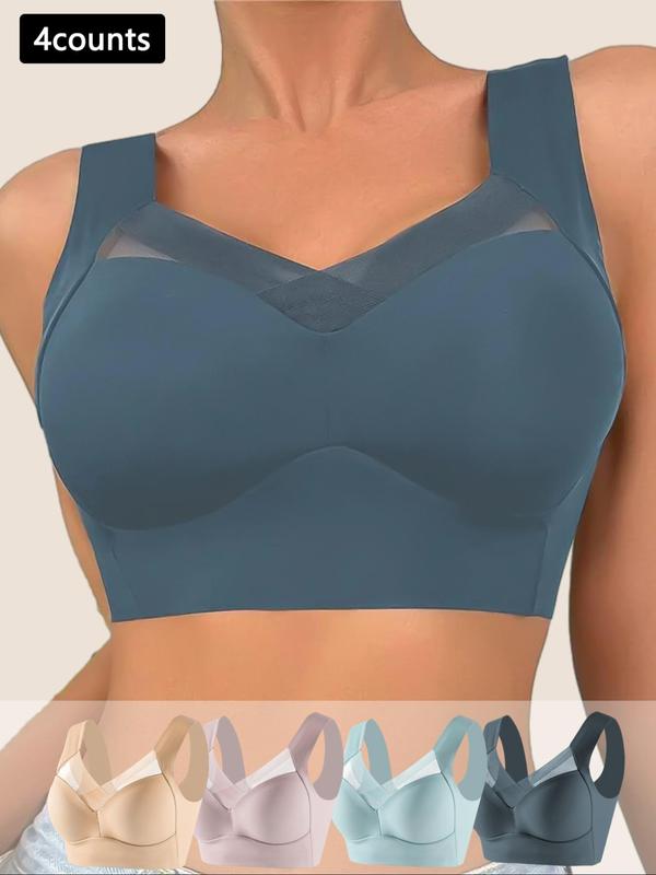 Women's Solid Color Contrast Mesh Wireless Push Up Bra, Breathable Comfortable Seamless Lingerie Top for Daily Wear, Women's Lingerie for All Seasons