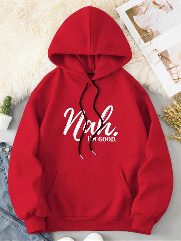 Women's Letter Print Drawstring Pocket Hoodie, Casual Long Sleeve Hooded Sweatshirt for Fall & Winter, Women's Clothes for Daily Wear