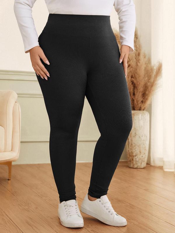 CURVZY Plus Size Solid High Waist Ribbed Leggings, Casual Comfy Skinny Pants for Daily Wear, Women's Bottoms for All Seasons