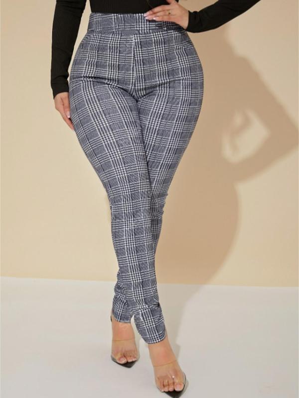 Women's Houndstooth Print Zipper Black Skinny Pants, Casual Comfy Trousers for Daily Wear, Ladies Bottoms for All Seasons