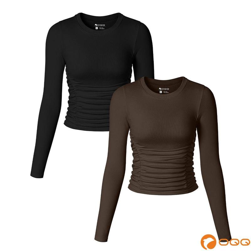 OQQ Women's 2 Shirts Long Sleeve Crew Neck Ruched Stretch Fitted Tee Shirts Basic Comfort Womenswear - Top, Underwear Fabric Cargo