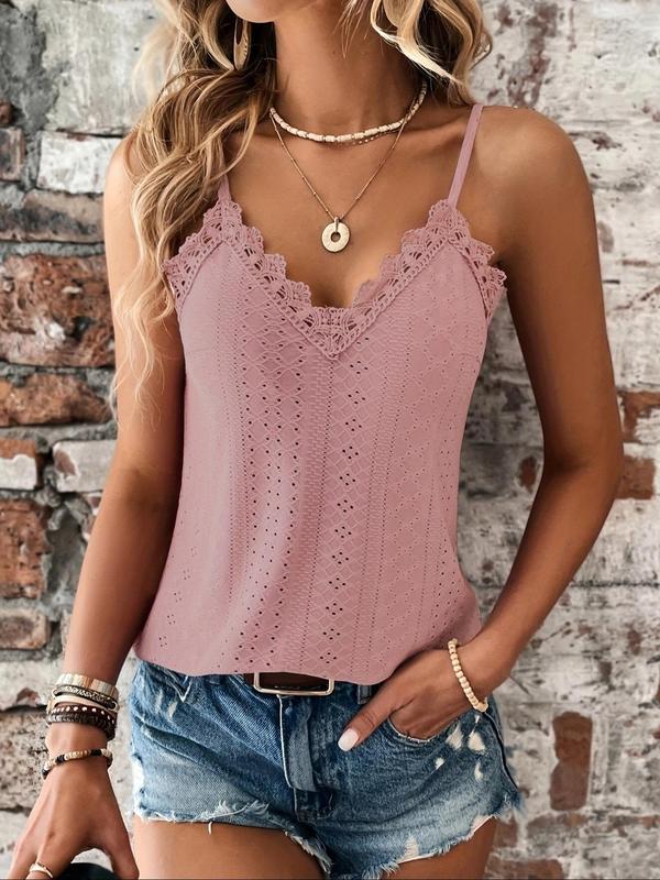 Women's Plain Contrast Lace Hollow Out Cami Top, Casual Spaghetti Strap Backless Top for Summer, Tops for Women, Ladies Clothes for Daily Wear