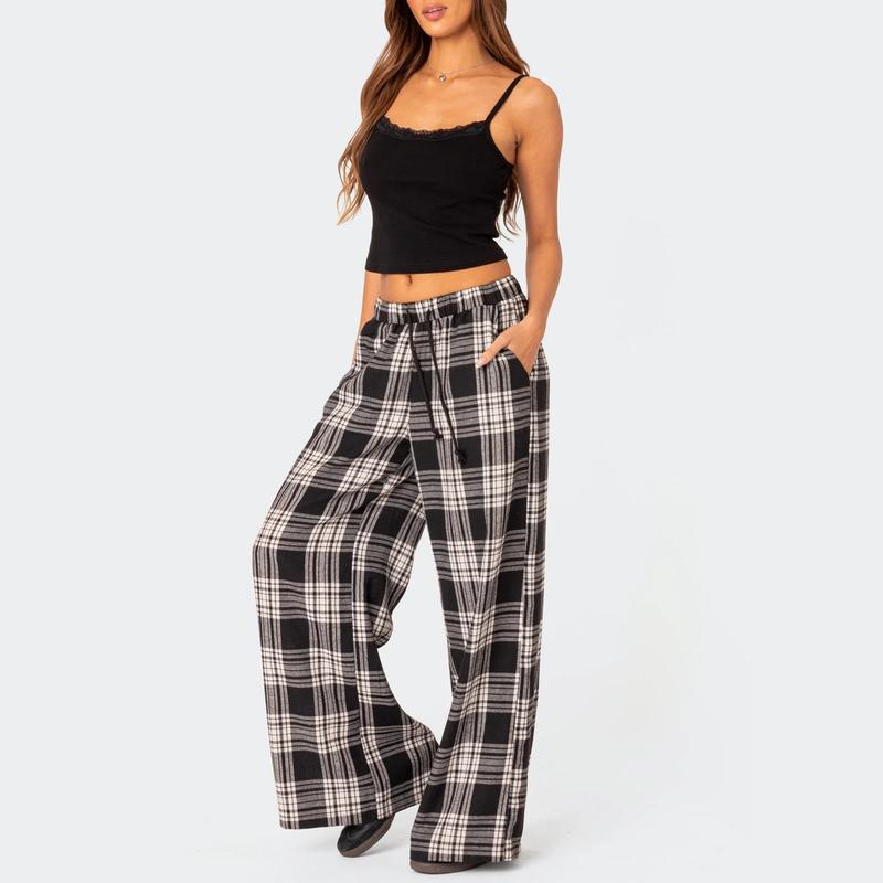 Comfy Pajama Pants for Women Plaid Elastic Waist Wide Leg Lounge Pants Casual Drawstring Loose Bottoms Sleepwear