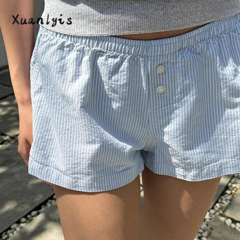 Women's Lounge Shorts Casual Loose Fitting Elastic Waist Floral Short Pants for Summer Lady Womenswear Bottom Plaid